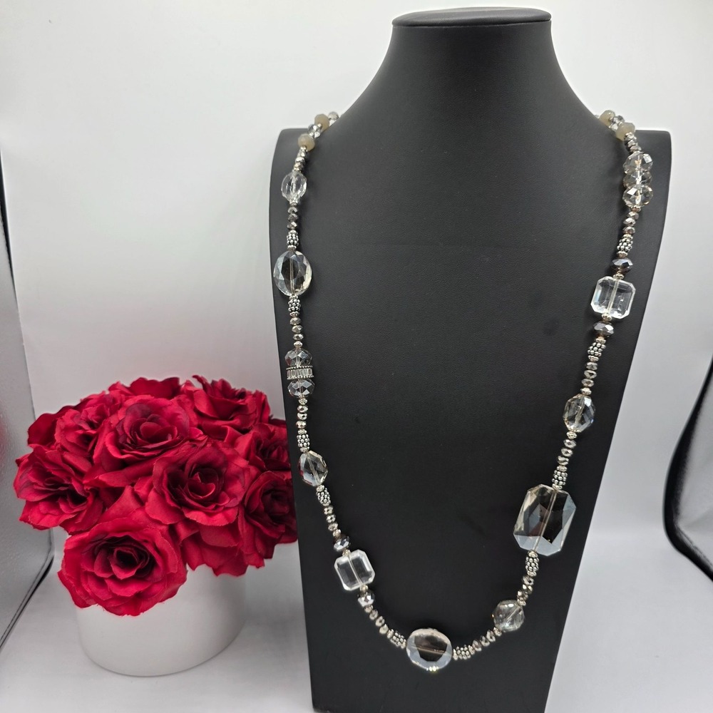 Chico's‎ Beaded Statement Necklace Crystal Faceted Gem Silver Tone Long Boho